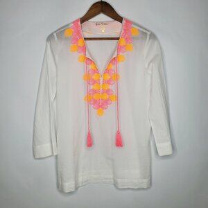 Lilly Pulitzer Womens Amelia Island Tunic Top Size S Embroidered Tasseled Beach